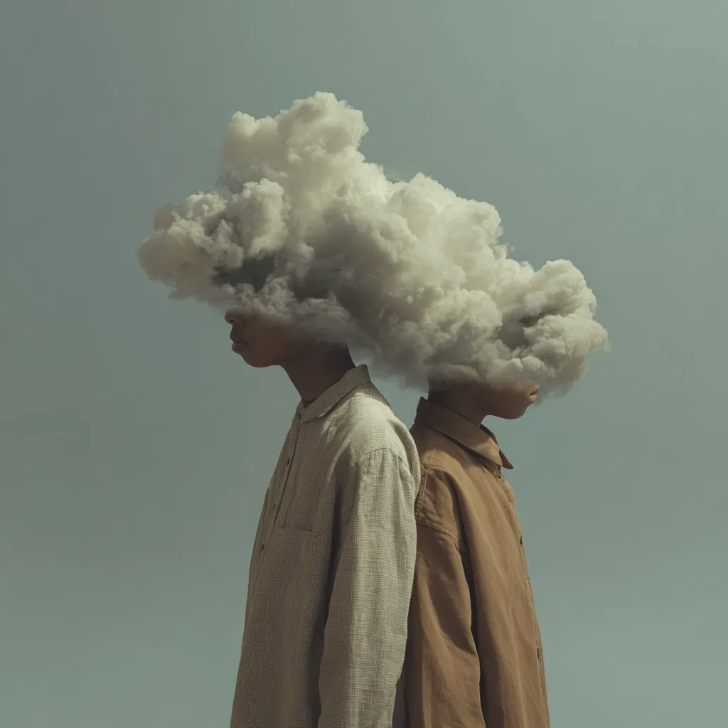 Two individuals stand side-by-side, their heads obscured by a shared, large, fluffy cloud.  They are dressed in muted earth-toned long-sleeved shirts.  The image is surreal, suggesting interconnectedness, shared thoughts, or a burden carried together. The muted color palette and serene background enhance the contemplative mood. The overall effect is evocative and thought-provoking.