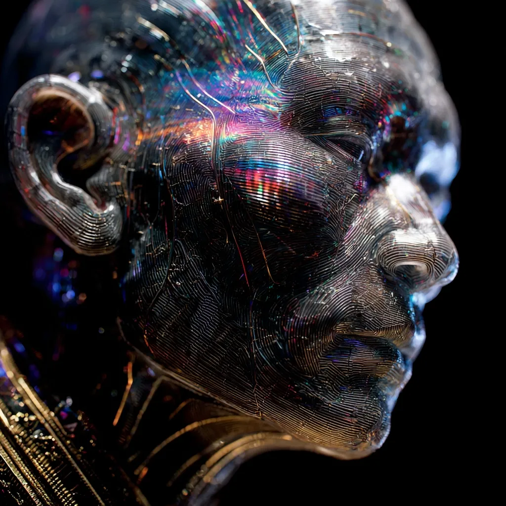 A close-up reveals a meticulously crafted robotic head, seemingly constructed from a network of metallic lines forming a translucent, almost skeletal, visage.  Iridescent, rainbow-like hues shimmer across its surface, suggesting internal circuitry or energy flow. The head is subtly angled, offering a profile view that emphasizes its intricate details and futuristic design.  The dark background enhances the contrast, focusing attention on the head's captivating texture and ethereal glow.