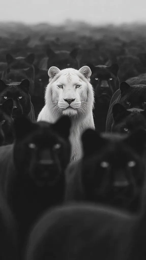A striking monochrome image depicts a white lion standing prominently amidst a crowd of black panthers.  The lion's serene expression contrasts sharply with the dark, intense gazes of the surrounding panthers. The stark black and white palette emphasizes the unique individuality of the white lion within the pack. The overall composition creates a powerful visual metaphor.
