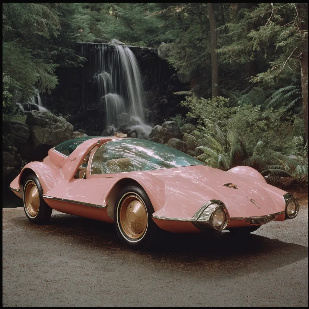 A pastel pink futuristic concept car is showcased in a picturesque setting.  The sleek, bubble-like design features a large, curved windshield and distinctive gold-rimmed wheels.  The car is parked on a road in front of a lush forest backdrop, with a waterfall cascading down rocks in the background, creating a dramatic and idyllic scene.