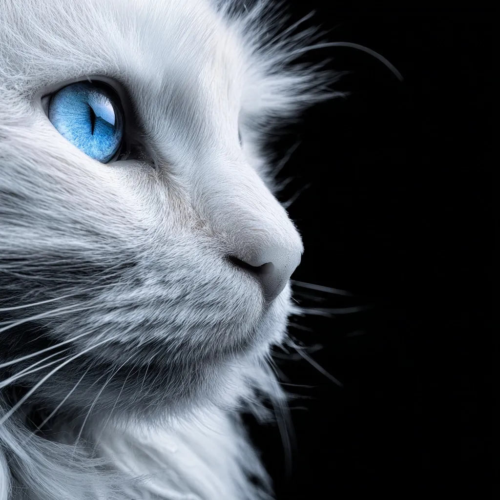 Close-up profile of a white cat with striking blue eyes.  The cat's fur is soft and fluffy, its nose delicately shaped. The image is sharply focused on the cat's face, set against a stark black background, creating a dramatic and elegant portrait. The cat's gaze is directed towards the right, giving an air of contemplation or curiosity.