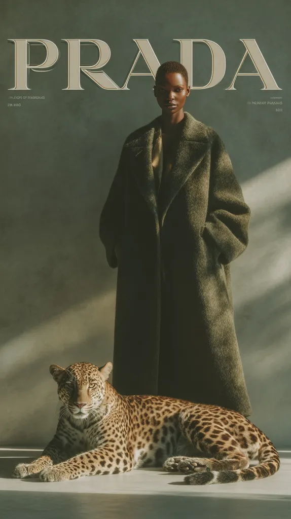 A Prada campaign features a model in a long, olive-green coat.  She stands beside a large leopard lying on the ground.  The image is styled in muted earth tones, creating a sophisticated and somewhat mysterious atmosphere. The Prada logo is prominently displayed. The setting appears to be a simple, neutral studio backdrop.