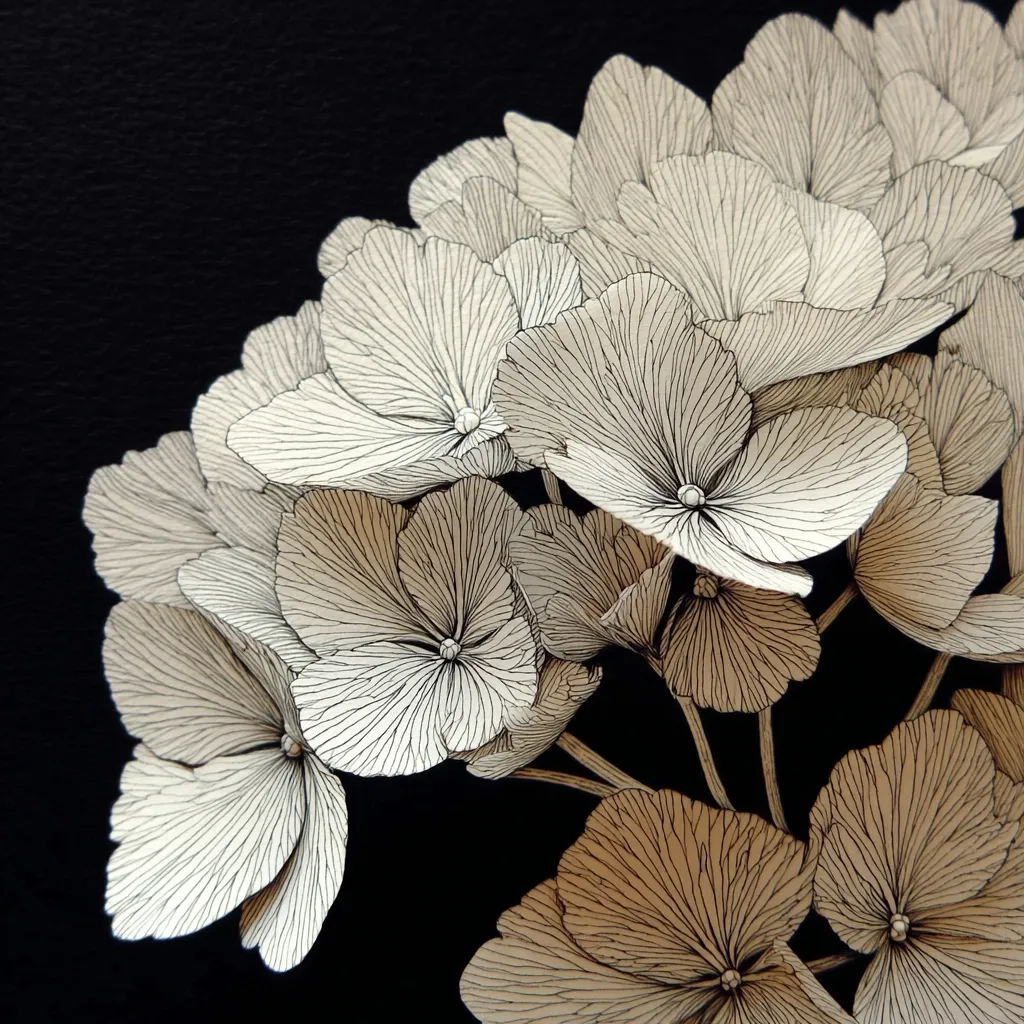 A detailed close-up showcases a meticulously drawn hydrangea.  The monochrome artwork features delicate linework depicting the flower's intricate petals, creating a sense of depth and texture.  The stark contrast against the black background emphasizes the elegant lines and the graceful form of the hydrangea blossoms.  The style suggests a precise and patient artistic approach.