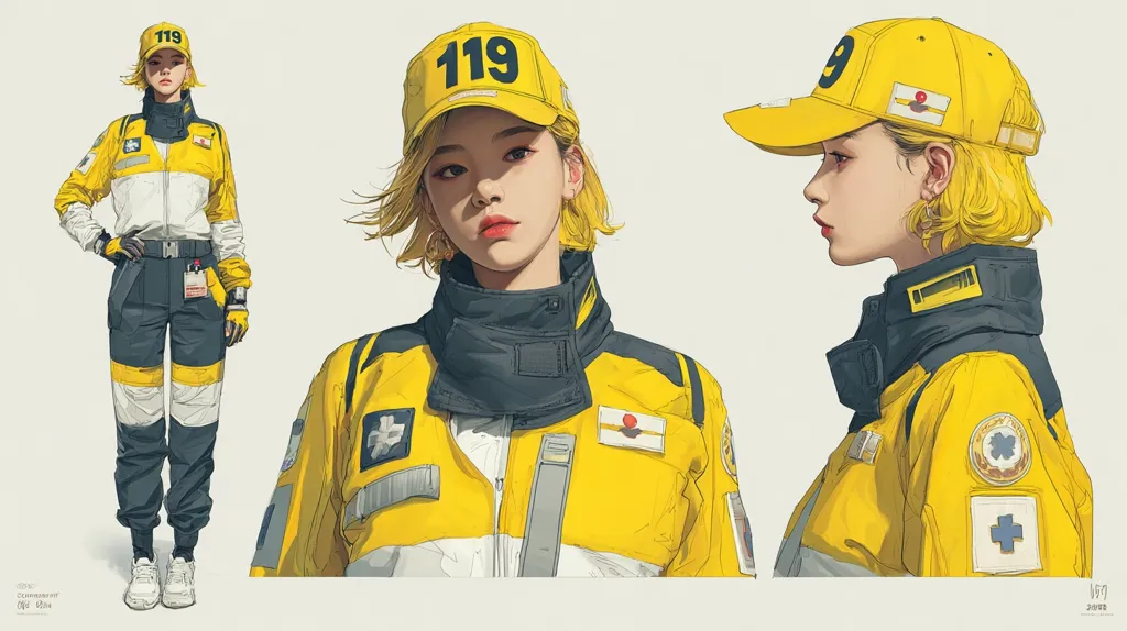 A stylized illustration showcases a female character in a vibrant yellow jumpsuit, reminiscent of emergency medical services attire.  The number "119," possibly an emergency services code, is prominently displayed on her cap.  Multiple views are presented, including a full-body shot and close-ups, highlighting the detailed design of the uniform and the character's expressive features. The art style is clean and modern, with a focus on sharp lines and a limited color palette.