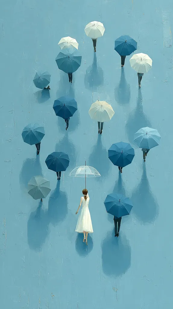 A woman in a white dress walks under a clear umbrella on a light blue surface.  Surrounding her are numerous people, each carrying blue and white umbrellas, creating a symmetrical pattern. The overall impression is one of serenity and gentle isolation amidst a crowd. The scene is painted in a soft, impressionistic style.
