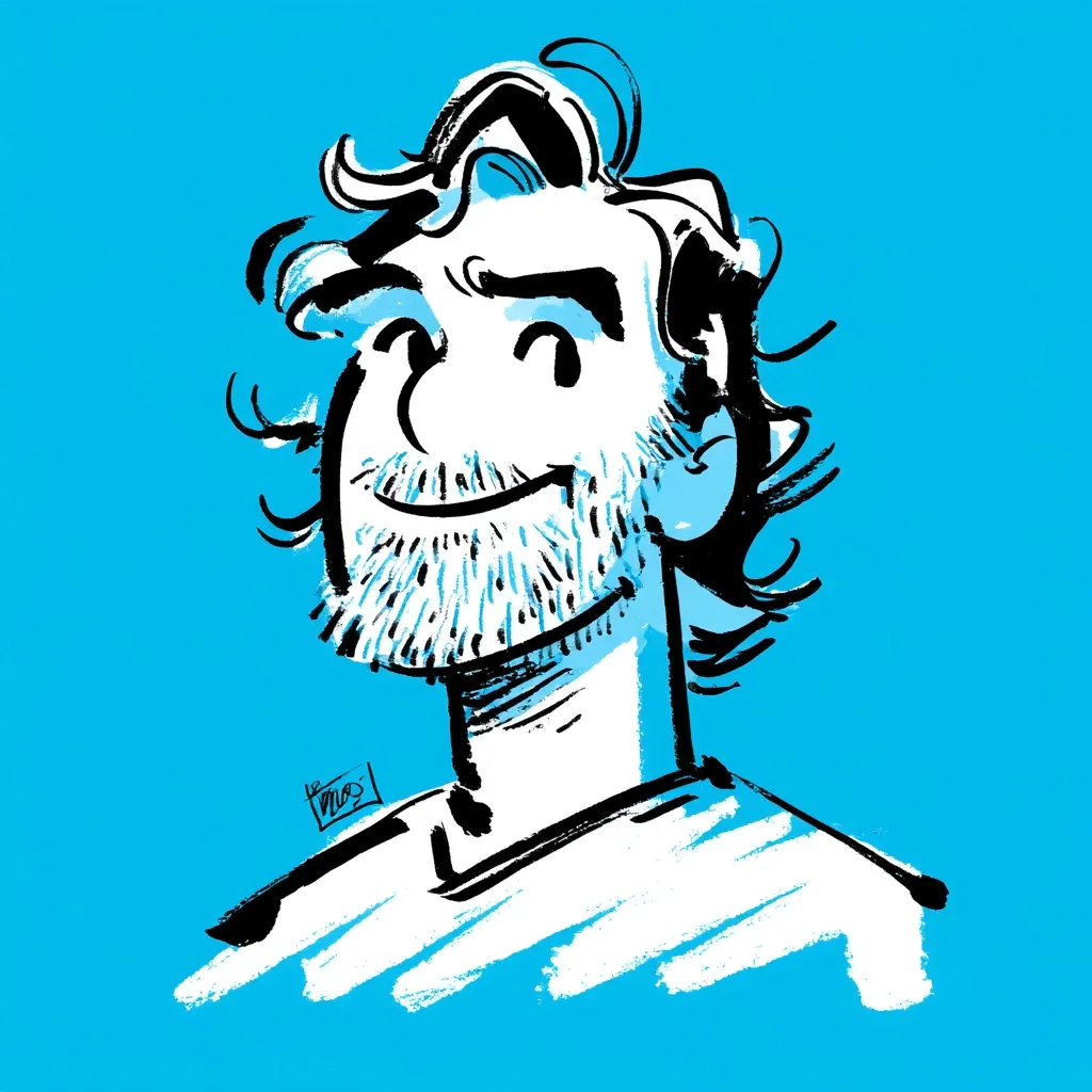 A stylized portrait of a man with curly hair and a beard, rendered in bold black and white lines against a bright blue background.  His expression is cheerful and slightly whimsical. The artwork has a loose, expressive quality, characteristic of a quick sketch or caricature. The style is modern and cartoonish, with visible brushstrokes adding to the piece's dynamic energy.