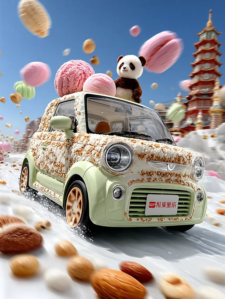 A light green miniature car, covered in what appears to be nuts or seeds, speeds along a white surface.  Three scoops of ice cream and a panda plush toy are perched on the roof.  Macarons and other sweets float in the air, creating a whimsical, dessert-themed scene.  A blurred pagoda is visible in the background, adding to the fantastical atmosphere. The car's license plate displays Chinese characters.