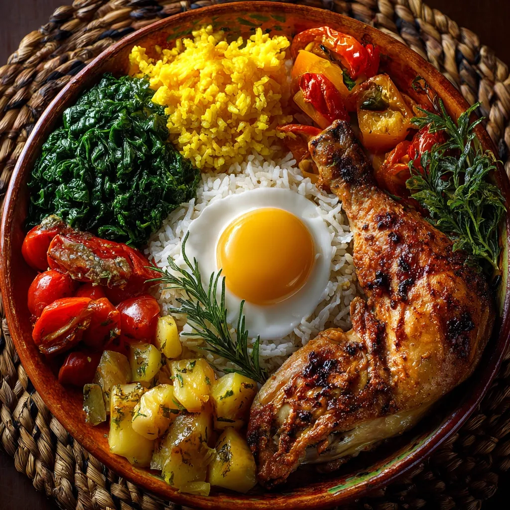 A vibrant and healthy bowl features roasted chicken leg, fluffy white rice, a sunny-side-up egg, sautéed spinach, roasted potatoes, yellow rice, and a medley of roasted bell peppers and cherry tomatoes.  The dish is artfully arranged in a rustic bowl, creating a visually appealing and flavorful meal.  Fresh herbs add a touch of color and aroma.