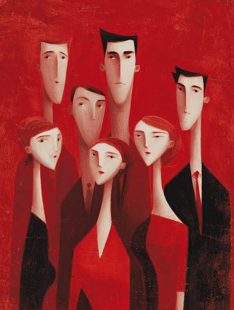 A stylized portrait showcases seven individuals, predominantly in shades of red against a textured red background.  The figures are elongated with simplified features, reminiscent of modern art.  The composition suggests a family or close-knit group, with a central male figure flanked by other men and women, all dressed in varying tones of red and black.  The overall effect is one of both unity and individual identity within a collective.