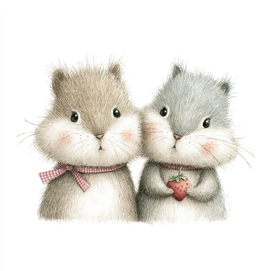 Two adorable, fluffy hamsters are depicted in a charming illustration. One hamster is light brown, while the other is gray.  The brown hamster wears a pink gingham ribbon, and the gray hamster delicately holds a small, red strawberry.  Their soft fur and gentle expressions create a heartwarming and whimsical scene.