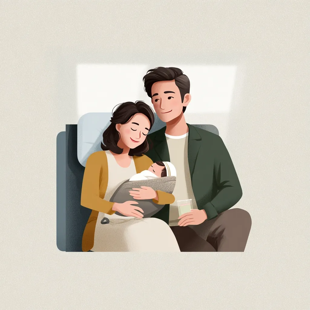 A heartwarming illustration depicts a young family nestled together on what appears to be an airplane seat. The mother gently cradles their newborn baby, while the father rests a comforting hand on her shoulder.  They exude peace and contentment, creating a serene and loving atmosphere.  The soft lighting and muted colors enhance the image's calm and tender mood.