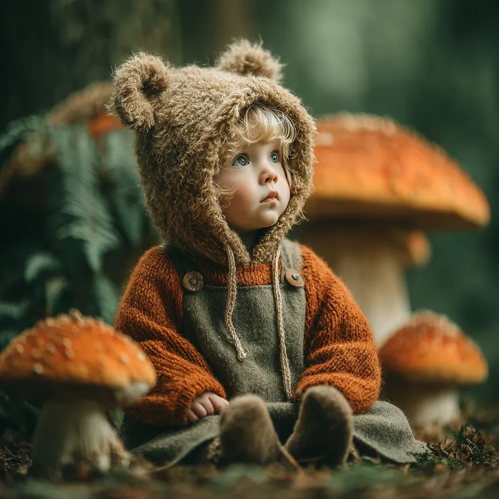 A toddler with blonde curls wears a brown teddy bear hooded sweater and olive green overalls.  The child sits amidst large, vibrant orange mushrooms in a forest setting, gazing thoughtfully upward. The image evokes a whimsical, fairytale atmosphere with soft lighting and a focus on the child's innocent expression.