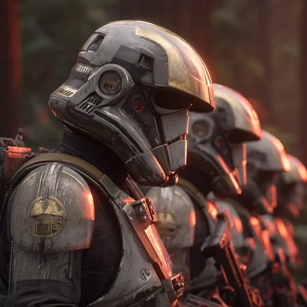 A close-up shot reveals a line of stormtroopers, their weathered armor reflecting a warm, orange glow.  The helmets, predominantly dark gray with gold accents, display intricate detail.  The troopers stand in formation, their weaponry partially visible, suggesting a sense of readiness and anticipation. The background hints at a forest setting, adding depth to the scene.  The image evokes a sense of military might and impending action.