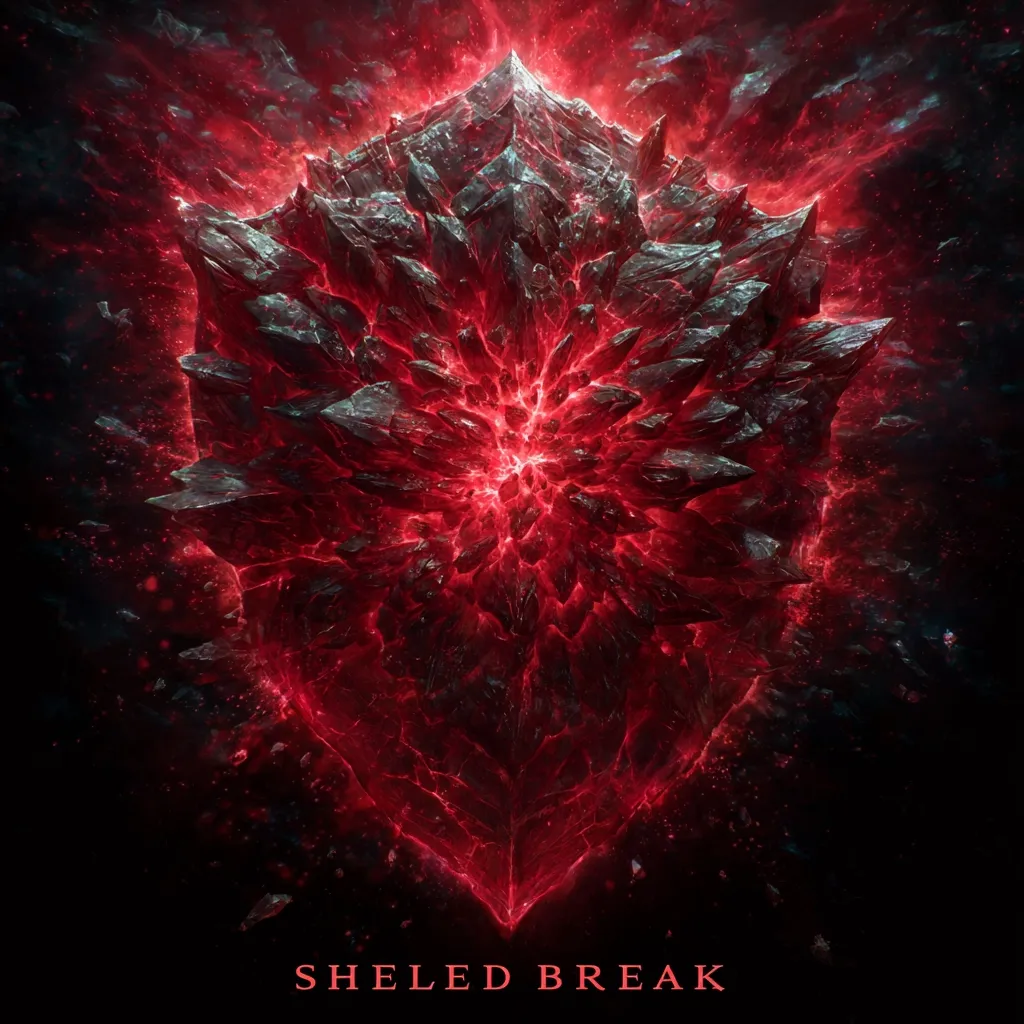 A dark, dramatic image depicts a shield-shaped crystalline structure shattering from an inner, fiery explosion.  Red energy radiates outward, illuminating jagged fragments against a black background.  The intense glow and sharp edges create a sense of power and destruction. The words "SHELED BREAK" are inscribed below.