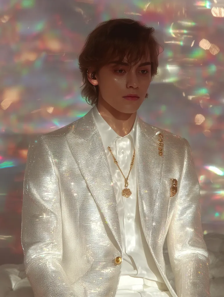 A young man with brown hair, wearing a shimmering white blazer and a gold necklace, stands against a backdrop of iridescent light.  His expression is serious, almost pensive. The metallic texture of his jacket catches the light, creating a glamorous and ethereal effect. The overall image is stylish and subtly dramatic.