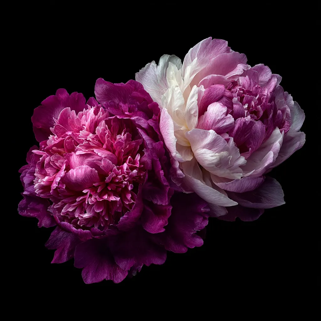 Two vibrant peonies, one deep magenta and the other a soft blend of white and pink, are captured in a close-up shot against a stark black background.  The image highlights the intricate textures and delicate petals of the flowers, creating a striking contrast of color and form.  The rich hues and dramatic lighting emphasize the beauty and elegance of the blooms.