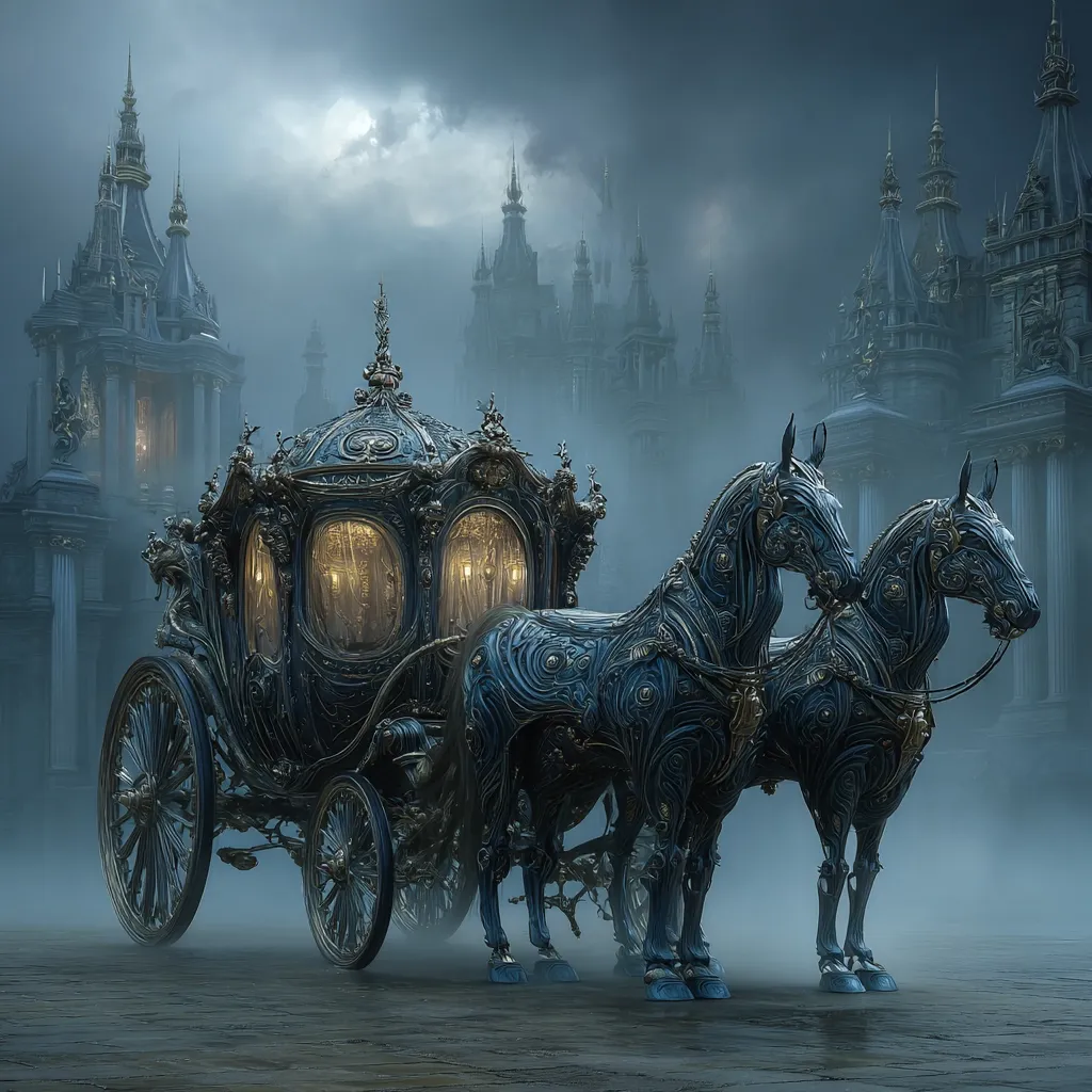 A dark, ornate carriage, drawn by two intricately detailed horses, stands before a misty backdrop of gothic-style castles. The carriage is lavishly decorated with gold accents and features glowing interior lights.  The scene is shrouded in a mysterious atmosphere, evoking a sense of fantasy and perhaps even a touch of foreboding. The overall aesthetic is dark, romantic, and regal.