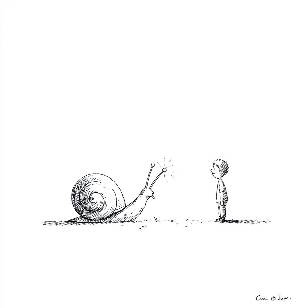 A simple line drawing depicts a large snail and a small boy facing each other.  The snail, drawn with detail in its shell and body, seems to emit a small sparkle or light. The boy, simply rendered, looks curiously at the snail.  The scene is minimalist, set against a blank background, suggesting a moment of quiet interaction between unlikely companions.