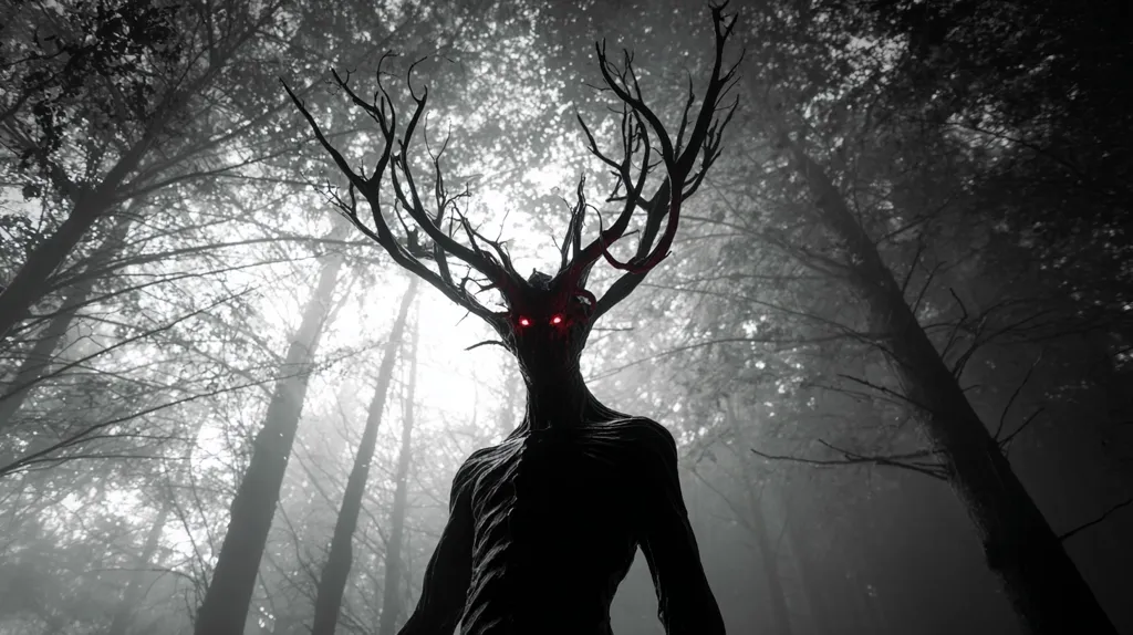 A shadowy, monstrous figure with glowing red eyes and large, antler-like branches for a head stands in a misty, dark forest. The creature's form is vaguely humanoid, but its shadowy appearance and imposing antlers create a terrifying and otherworldly presence. The monochrome palette emphasizes the contrast between the creature and the forest, enhancing its sinister aura.  The scene evokes a sense of unease and mystery.