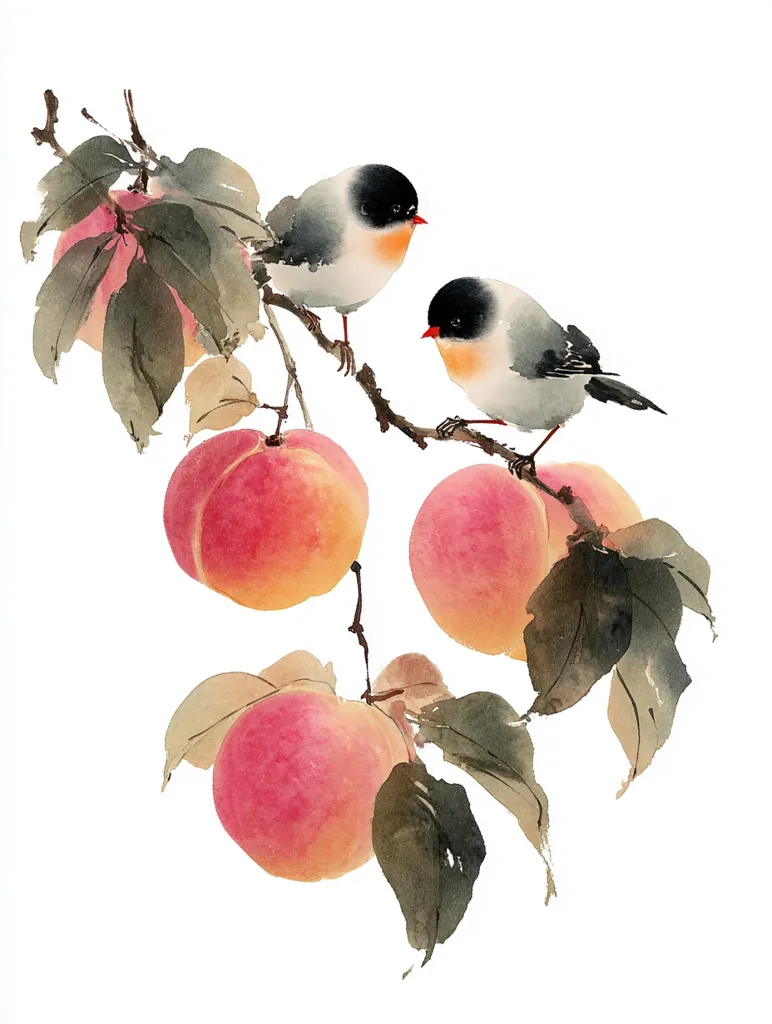 A watercolor painting depicts two small birds perched on a branch laden with ripe peaches.  The birds are rendered in shades of gray and black, with touches of white, while the peaches are a vibrant blend of pink and orange. The leaves are dark green, and the overall style suggests a delicate and minimalist aesthetic, possibly inspired by East Asian art.  The background is pure white, allowing the subject to stand out vividly.