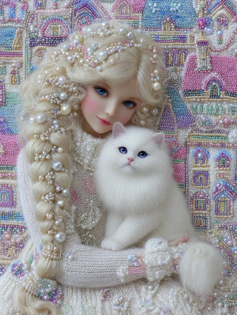 A blonde doll with a pearl-adorned braid and sweater holds a fluffy white cat.  The doll and cat are meticulously detailed, posed against a beaded background depicting a whimsical town.  The image evokes a fairytale aesthetic, with soft pastel colors and delicate textures creating a charming and whimsical scene.  Pearls are prominently featured throughout the composition, adding to the ornate and elegant feel.