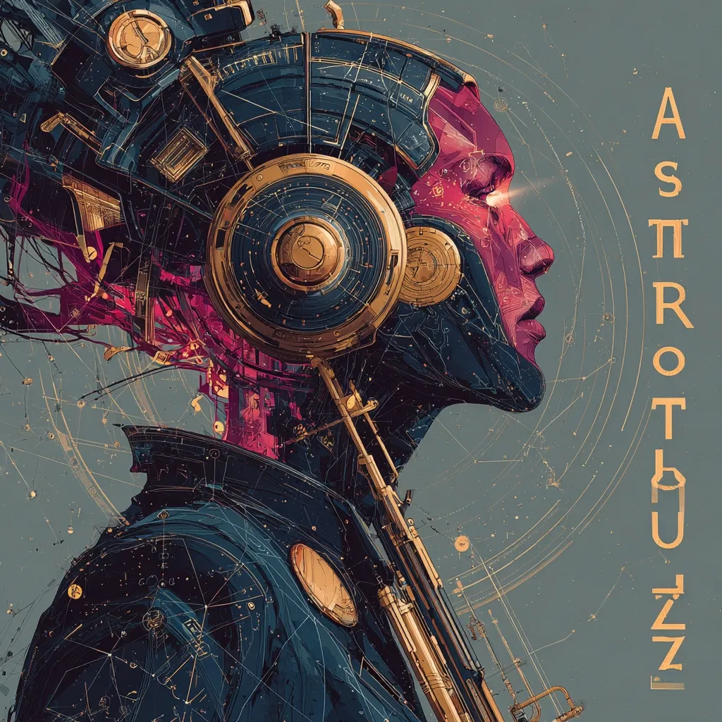 A stylized portrait of a cyborg, profile view, facing right.  Intricate mechanical details adorn their head and body, a blend of gold and dark metallic tones.  Pink highlights accentuate their face.  The background features a constellation-like pattern with the word "ASTROTHUZZ" vertically positioned to the right. The artwork is detailed, blending futuristic and celestial elements.