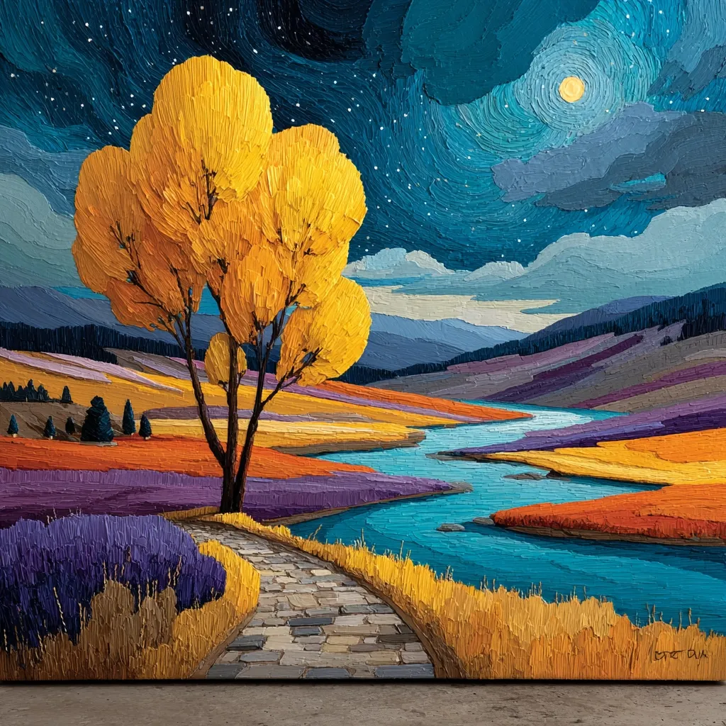 A vibrant impasto landscape painting depicts a winding river under a starry night sky.  A bright yellow tree stands prominently near a stone path leading towards the river.  The surrounding fields are painted in rich purples, oranges, and yellows, creating a colorful and textured scene. The moon is visible in the night sky, adding to the peaceful atmosphere.  The artist's impasto technique provides a three-dimensional quality to the artwork.