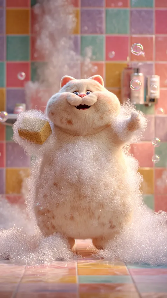A fluffy white cat enjoys a bubbly bath in a pastel-tiled bathroom.  Covered in suds, it holds a sponge, its happy expression visible through the foam.  Soap bubbles float in the air around the contented feline, creating a cheerful and whimsical scene. The overall tone is light, playful, and charming.