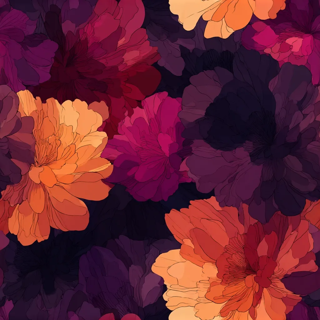 A seamless pattern showcases a dense arrangement of stylized peonies in rich, warm hues.  The flowers blend shades of deep purple, crimson, and burnt orange, creating a luxurious and slightly moody aesthetic.  The detailed, almost hand-drawn style of the petals adds texture and depth to the overall design.  The dark background enhances the vibrancy of the floral colors.