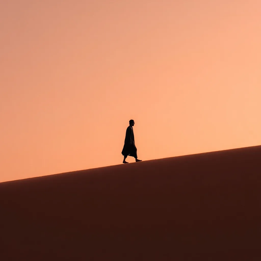 A lone figure, cloaked in dark robes, walks along a gently sloping sand dune.  The setting sun casts a warm, orange hue across the vast desert landscape. The silhouette of the person is stark against the vibrant sky, creating a dramatic and peaceful scene. The image evokes a sense of solitude and journey.