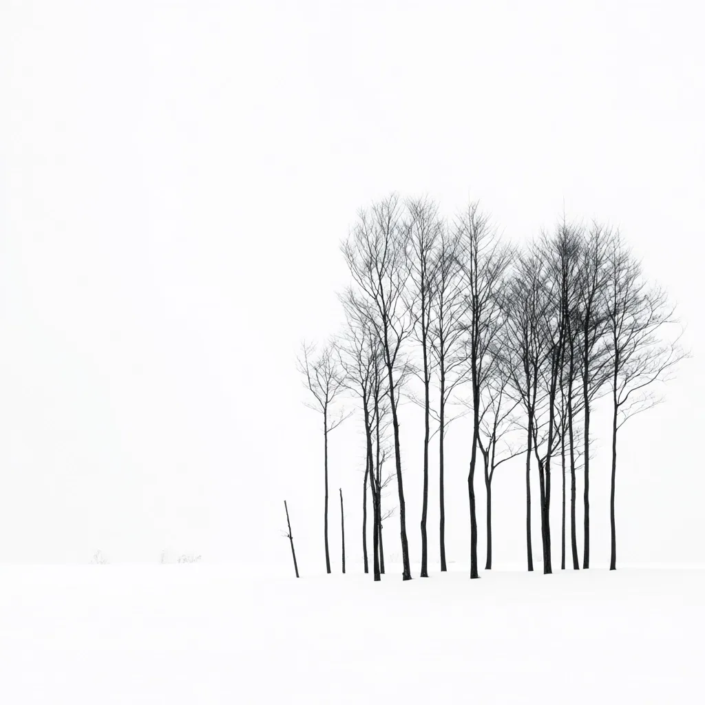 A minimalist black and white photograph depicts a cluster of bare, slender trees standing in a snow-covered field against a bright, white sky. The stark contrast between the dark trees and the bright snow creates a striking visual impact. The scene evokes a sense of solitude and winter's stillness.  A few broken branches lie near the trees, adding to the desolate yet beautiful atmosphere.