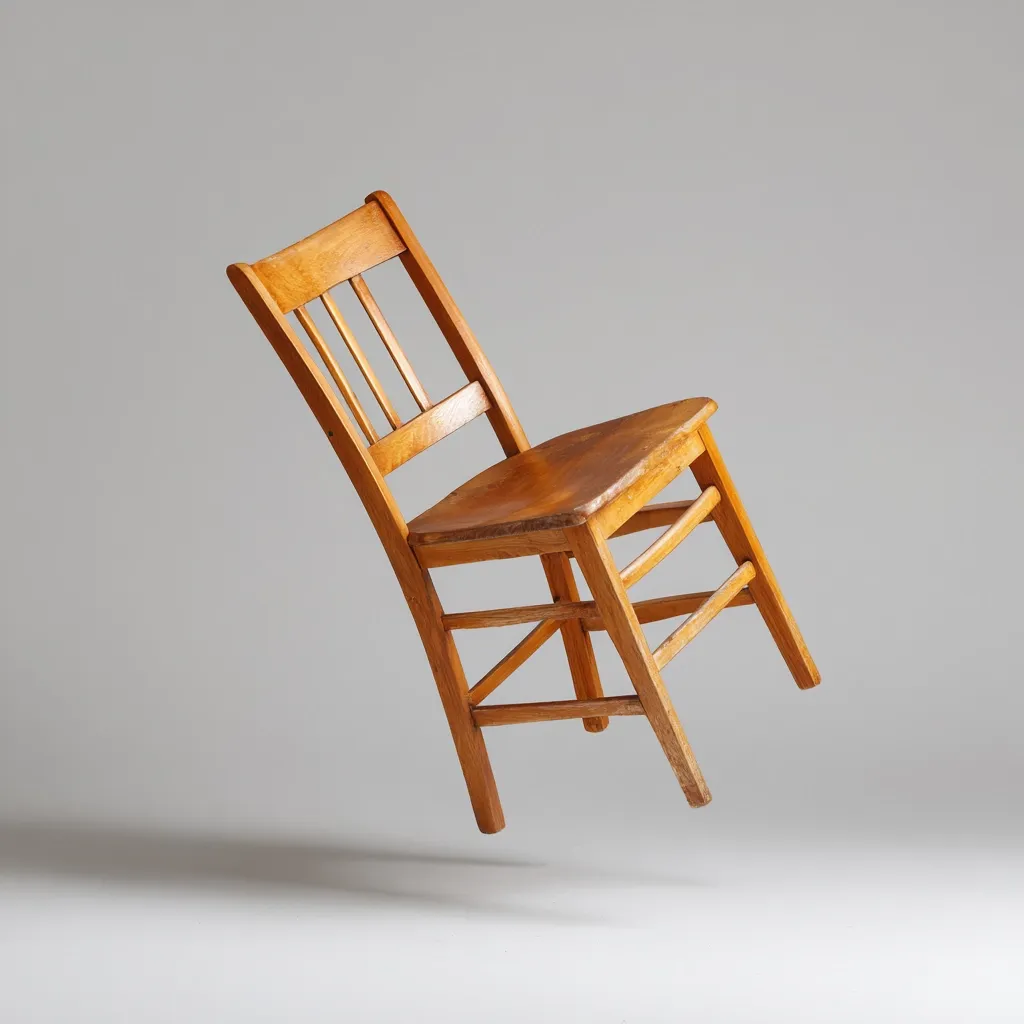 A simple wooden chair floats in mid-air against a light gray background.  The chair is light brown, appearing to be made of solid wood, and is tilted slightly.  Its design is straightforward, with vertical slats in the back and a plain seat. The image creates a surreal and slightly unsettling effect due to the chair's levitation.