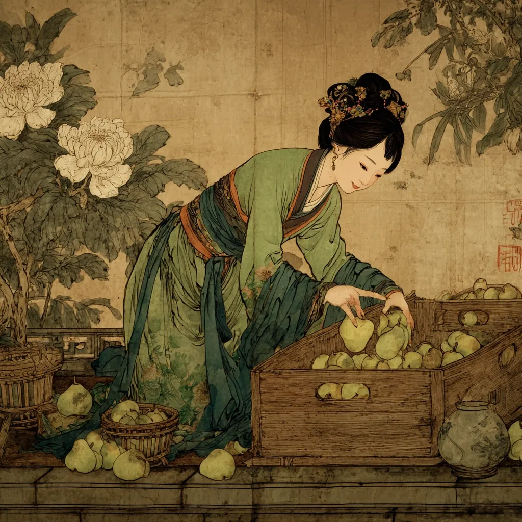 A delicately rendered painting in the style of traditional East Asian art depicts a woman in flowing green robes tending to a bountiful harvest of pale green fruits.  She is meticulously arranging the fruit into wooden crates, her posture graceful and attentive.  The background features a flowering white peony bush, adding to the serene and elegant atmosphere of the scene.  The overall aesthetic is one of quiet beauty and refined simplicity.