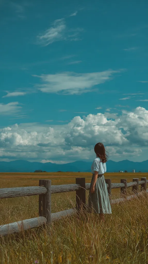 A woman stands by a wooden fence in a vast field, gazing at a distant mountain range under a vibrant blue sky dotted with fluffy white clouds.  The scene evokes a feeling of serenity and openness, with the woman's figure providing a sense of scale against the expansive landscape. The long grass and the rustic fence add to the peaceful, pastoral atmosphere.