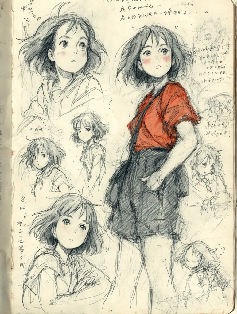 A sketchbook page features several pencil sketches of a young girl, possibly character design studies.  The main figure is a girl with short hair, wearing a red shirt and dark skirt.  Surrounding her are smaller sketches showcasing variations in her hair, posture, and facial expressions. The style is loose and expressive, characteristic of concept art.  Japanese text is scattered throughout the page, likely annotations or notes.