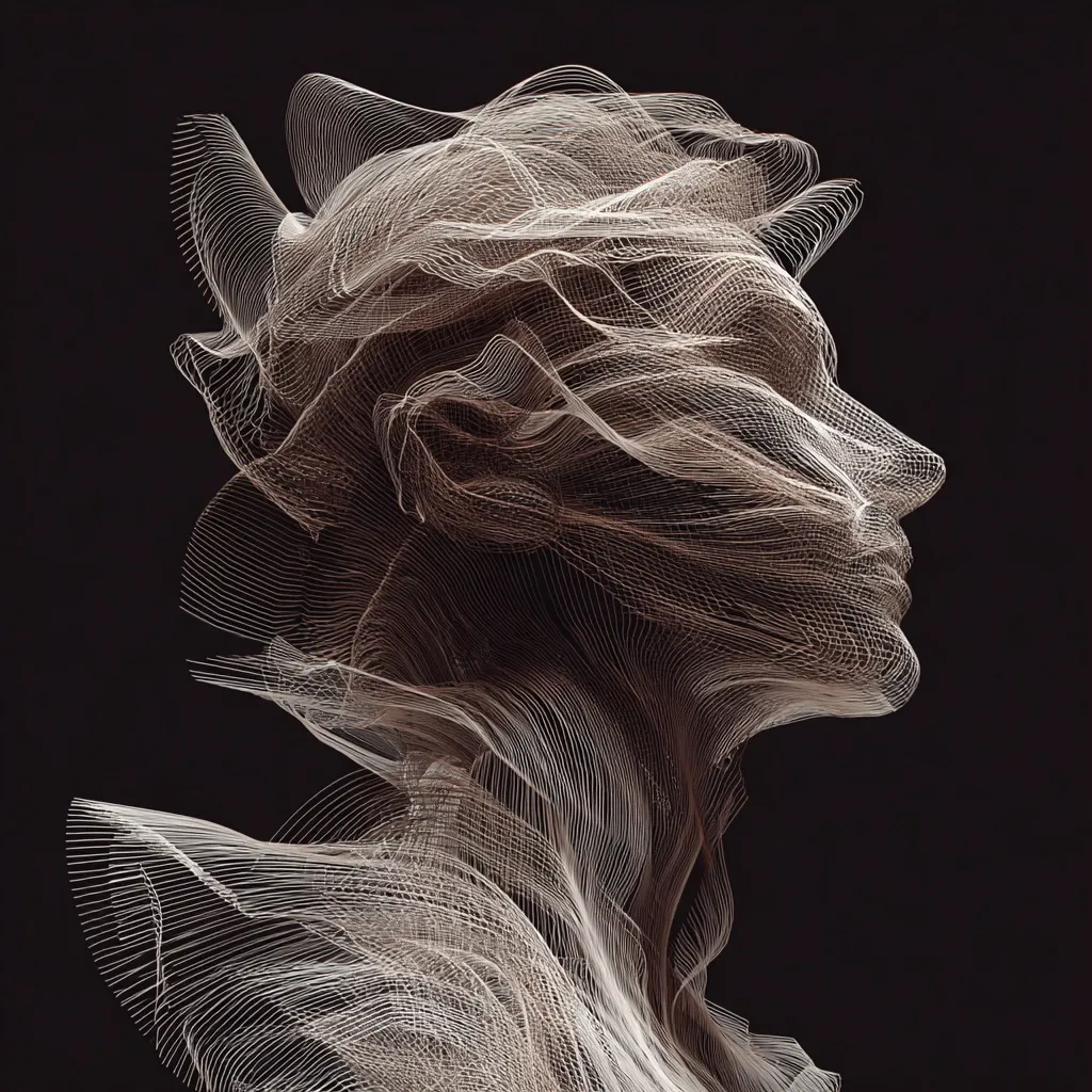 An abstract digital portrait of a woman's head and shoulders is rendered in delicate, flowing lines. The lines intertwine to create a mesh-like effect, suggesting both form and movement.  The style is ethereal and minimalist, with a focus on texture and the interplay of light and shadow against a dark background. The image evokes a sense of grace and fluidity.