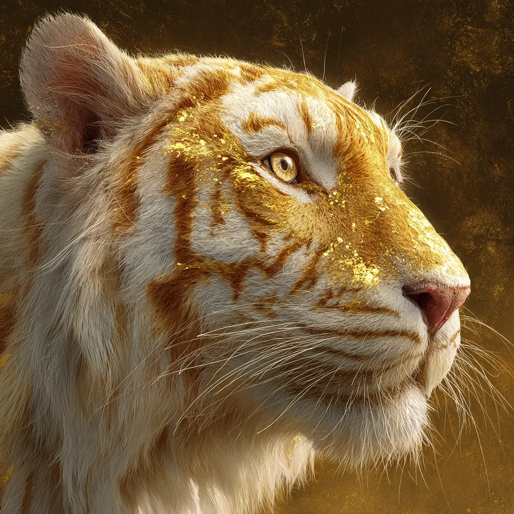 A profile view of a majestic white tiger, its fur adorned with shimmering gold accents.  The tiger's gaze is intense, its amber eyes piercing. The gold highlights its stripes and adds a regal, almost mythical quality. The background is a muted gold, complementing the tiger's gilded appearance. The image is highly detailed, emphasizing the texture of the fur and the intensity of the tiger's expression.