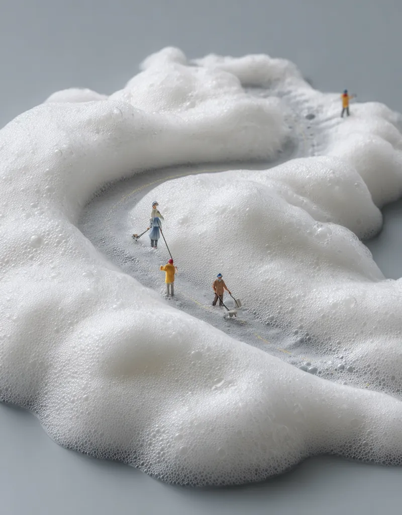Miniature figures walk along a winding path carved into a large expanse of white foam.  The figures appear to be carrying various small objects. The scene is surreal and whimsical, with the foam resembling a snowdrift or a stylized landscape. The overall tone is peaceful and slightly playful.