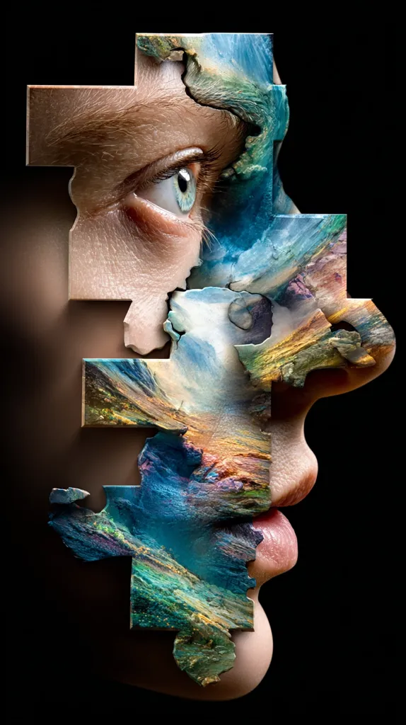 A profile view of a face is partially obscured by puzzle pieces, each painted with a vibrant, abstract landscape. The puzzle pieces blend seamlessly with the skin, creating a surreal effect.  The eye is visible, clear and striking, contrasting the textured, colorful puzzle pieces that form the rest of the face, suggesting internal landscapes and external realities. The overall image is both beautiful and thought-provoking.