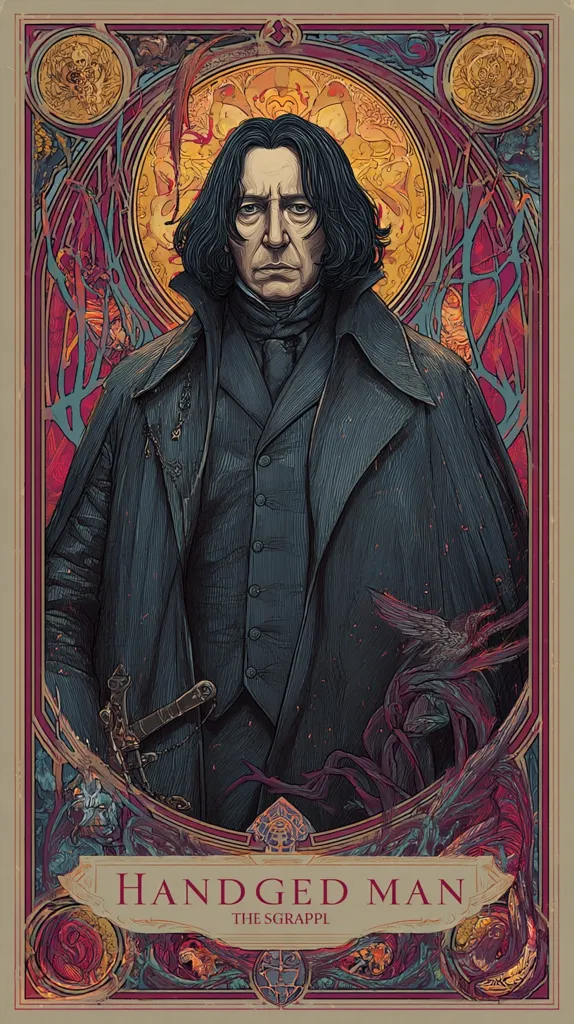 A stylized art deco portrait of Severus Snape from the Harry Potter series.  He is depicted in a dark coat and waistcoat, his expression serious. The artwork features an ornate frame with swirling patterns and dark, earthy tones, creating a gothic atmosphere. The title "HANDGED MAN" and the artist's name "THE SGRAPPL" are prominently displayed at the bottom.  The overall style is reminiscent of vintage movie posters.