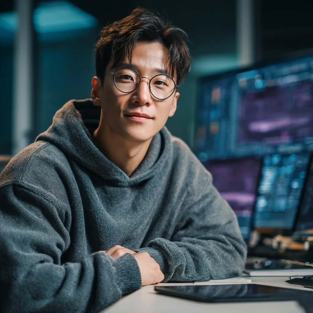 A young Asian man with dark hair and glasses sits at a desk in front of multiple computer monitors displaying code. He wears a gray hoodie and rests his hands in his lap, looking directly at the camera with a calm and serious expression. The dimly lit room suggests a late-night work session, creating a focused and professional atmosphere. The overall image portrays a programmer or software developer in his workspace.