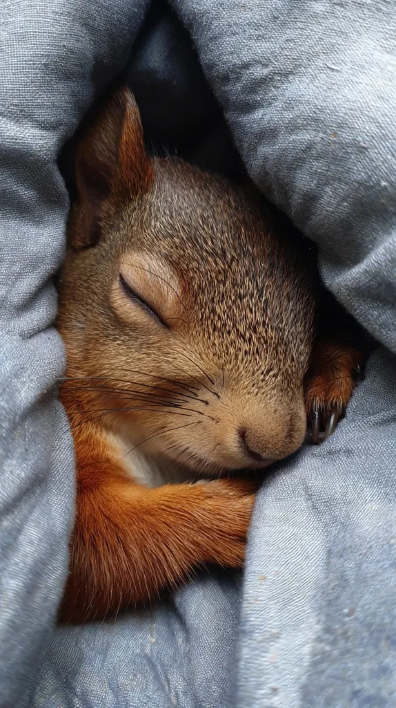 A small red squirrel sleeps soundly, nestled in a soft, gray fabric.  Its eyes are closed, and its fluffy reddish-brown fur is visible. The squirrel is curled up, paws tucked in close to its body. The texture of the fabric contrasts beautifully with the squirrel's soft fur, creating a heartwarming and peaceful image.