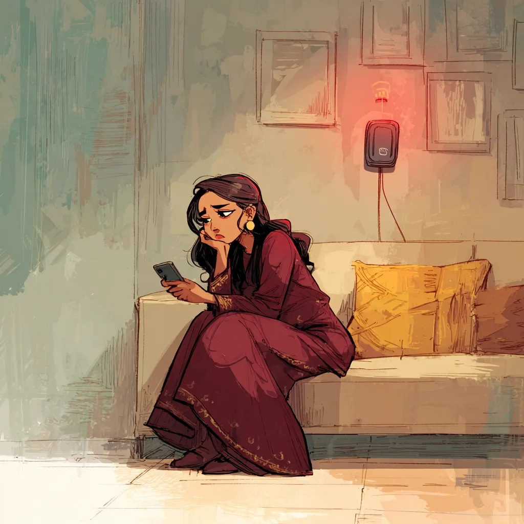 A young woman with dark hair, wearing a maroon dress, sits on a beige couch, her hand supporting her chin.  She appears pensive, looking down at a smartphone in her lap. The setting is a softly lit room with framed pictures on the wall and a small device plugged into the wall behind her. The overall mood is melancholic and introspective.