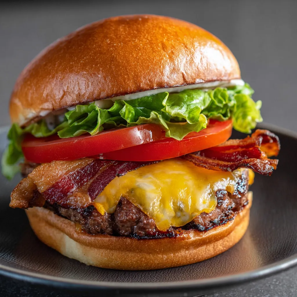 A juicy burger, perfectly grilled, is stacked high with melted cheddar cheese, crispy bacon, a ripe tomato slice, and fresh lettuce.  The toasted brioche bun cradles the delicious ingredients, promising a flavorful and satisfying bite.  The burger sits on a dark gray plate, enhancing its rich appearance.