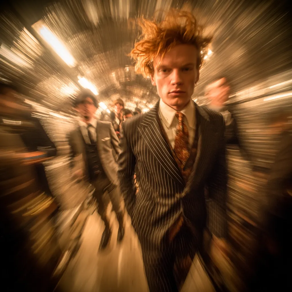A young man with fiery red hair, wearing a pinstripe suit and patterned tie, strides purposefully through a bustling, motion-blurred tunnel.  Other figures in suits are visible in the background, creating a sense of urgency and movement. The image has a vintage feel, suggesting a chase scene or a stylishly hurried journey. The intense zoom effect emphasizes the central figure's focus and determination.
