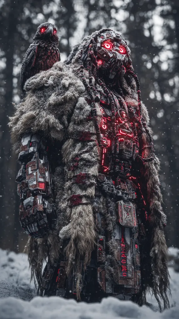 A futuristic warrior, clad in a weathered, snow-covered fur cloak, stands in a snowy forest.  The warrior's mechanical body glows with internal red lights, contrasting with the dark, cold environment. A large raven perches on the warrior's shoulder, adding to the mystical and powerful aura.  The scene is a blend of high-tech and primitive aesthetics, suggesting a post-apocalyptic or fantasy setting.