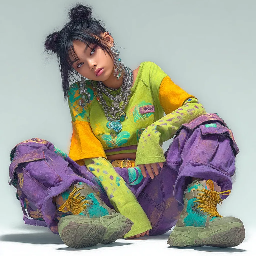 A young woman with dark hair styled in space buns sits on a light gray background. She wears a vibrant lime green and yellow tie-dye cropped sweatshirt, layered with multiple silver necklaces and large statement earrings.  Her purple cargo pants and chunky, multicolored platform boots complete the bold, eclectic outfit.  Her expression is serious and her pose is relaxed yet stylish.