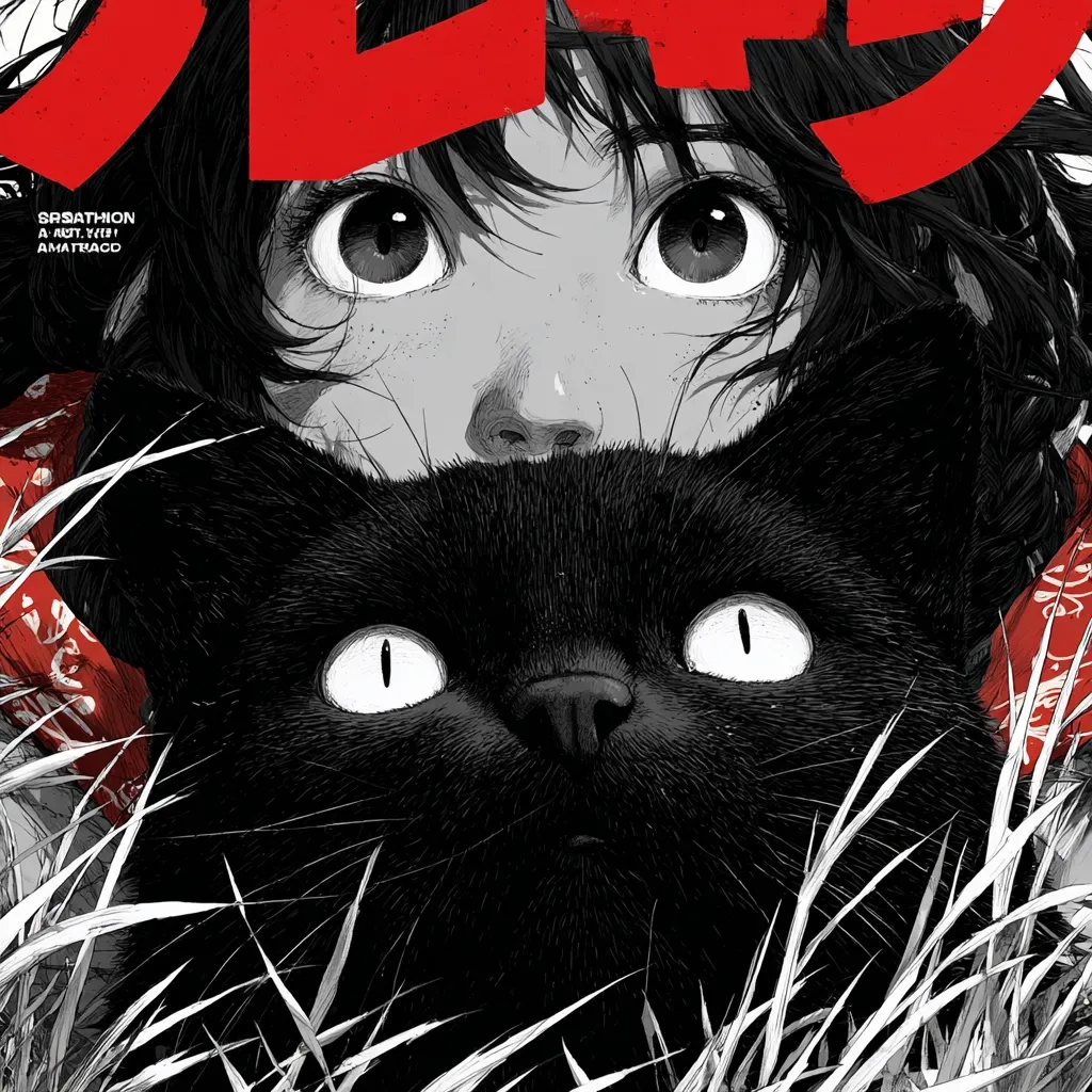 A grayscale illustration features a young girl with large eyes, partially obscured by a black cat.  The girl wears a red bandana.  Both the girl and cat gaze directly at the viewer, their expressions serene yet intense.  The image is set against a background of tall grass, creating a dramatic contrast between the subjects and their surroundings.  Text is visible, partially obscured, suggesting a title or artist's name.
