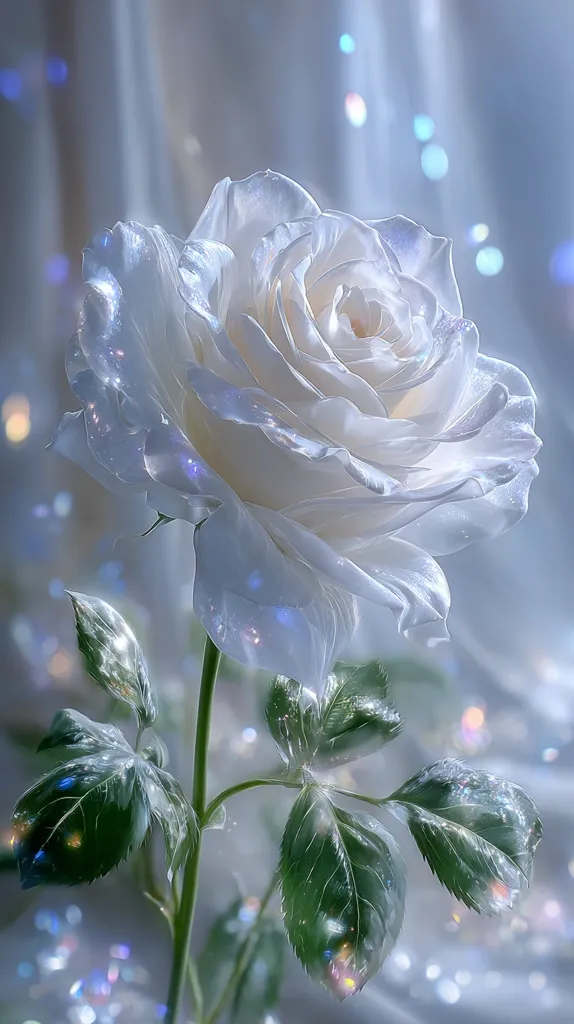 A single, luminous white rose is the focus of this ethereal image.  Its petals appear almost translucent, shimmering with an iridescent glow.  The stem and leaves are vibrant green, contrasting beautifully with the delicate white blossom.  A soft, dreamy background of light and bokeh enhances the rose's otherworldly beauty.  The overall effect is one of serene elegance and magical charm.