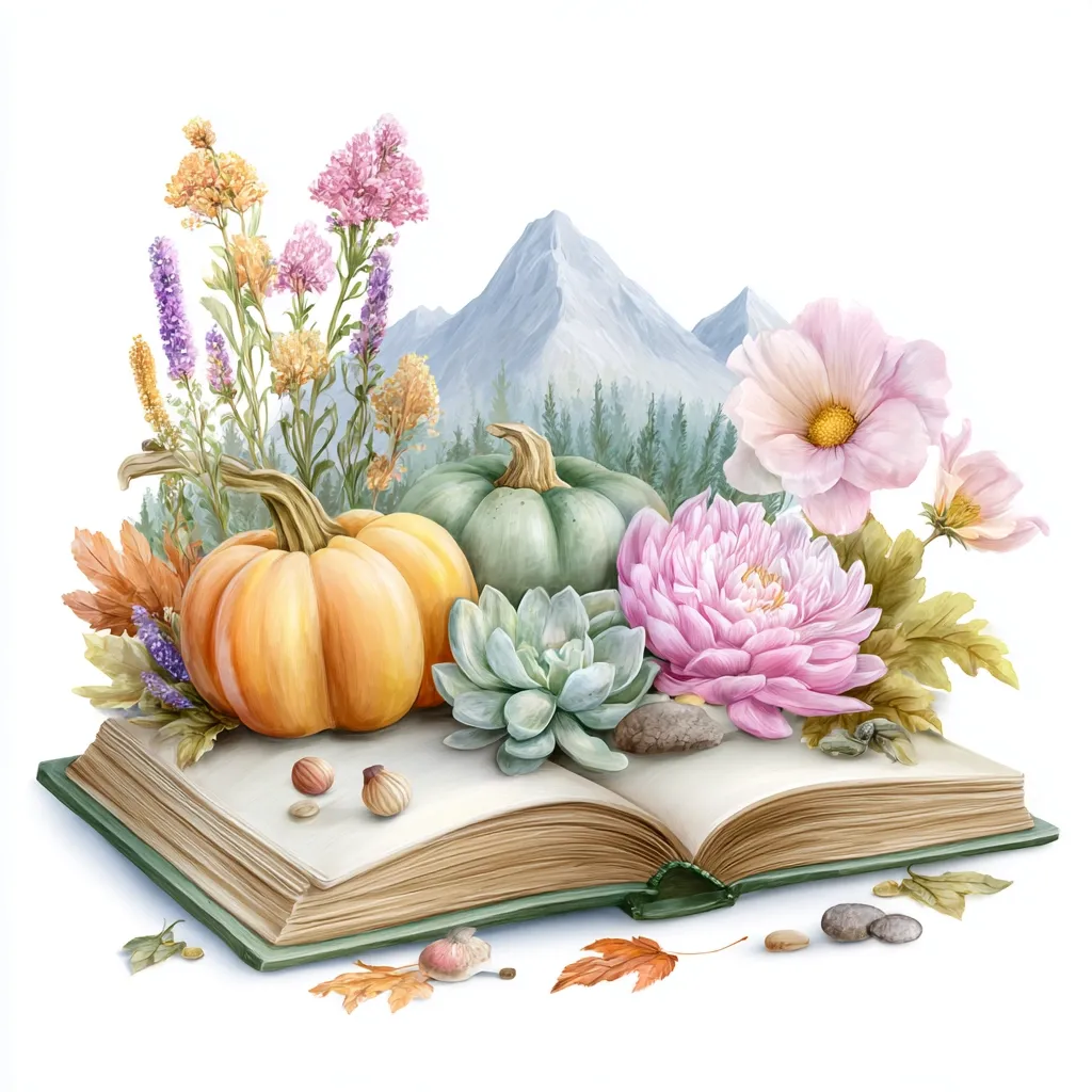 A watercolor painting depicts an open book nestled amongst autumnal elements.  Two pumpkins, a succulent, and an array of wildflowers including chrysanthemums and cosmos rest on its pages.  Fall leaves scatter around the book's base, with a misty mountain range forming a backdrop. The scene evokes a feeling of cozy autumnal tranquility.